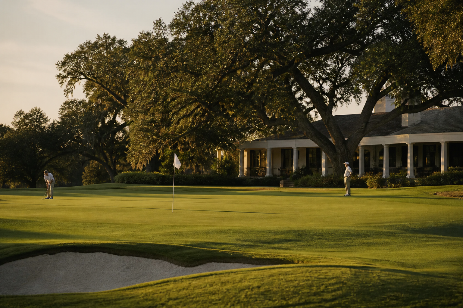 Golfers on a putting green beside a clubhouse